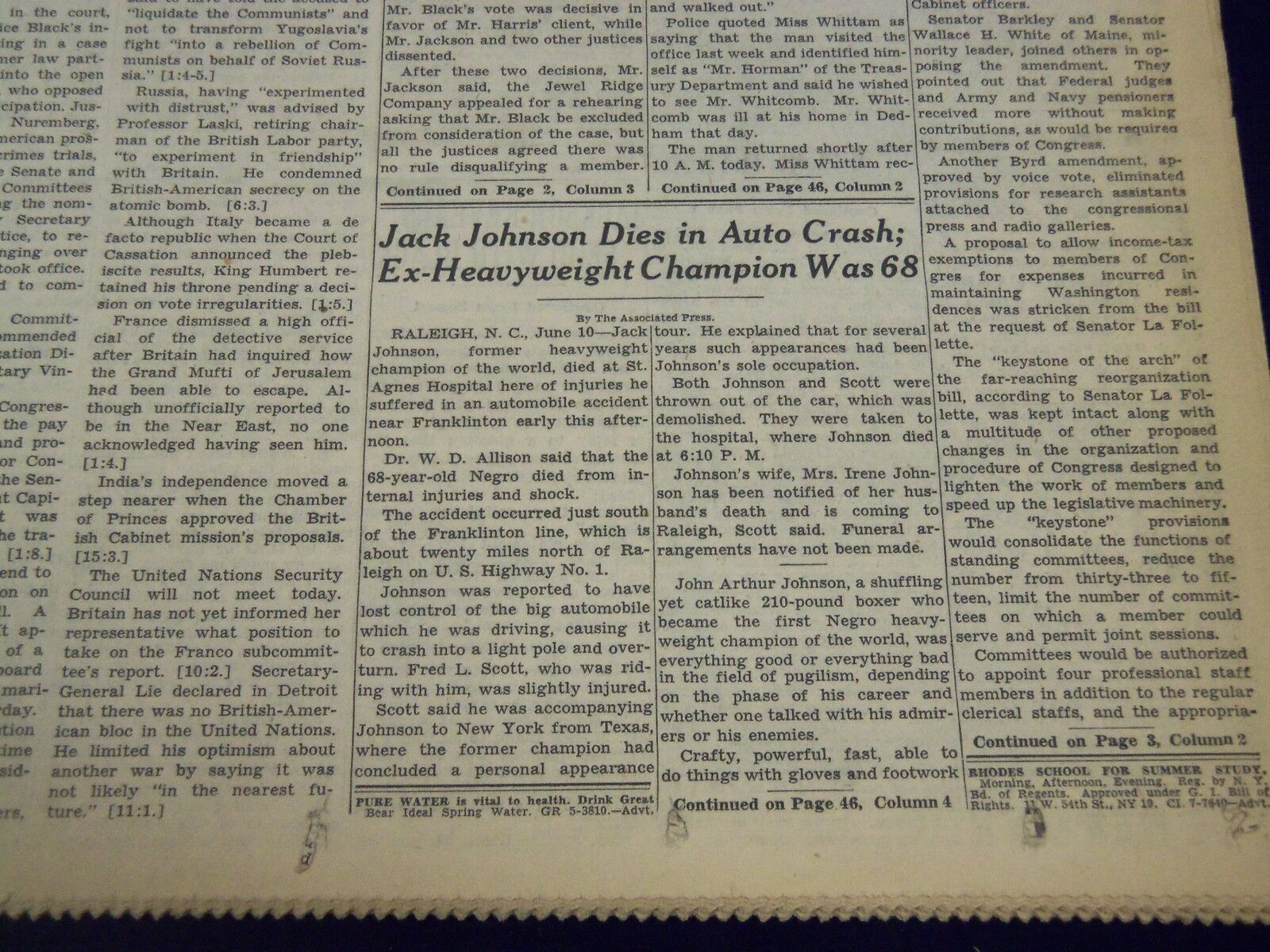 1946 JUNE 11 NEW YORK TIMES - JACK JOHNSON DIES IN AUTO CRASH - NT 2248