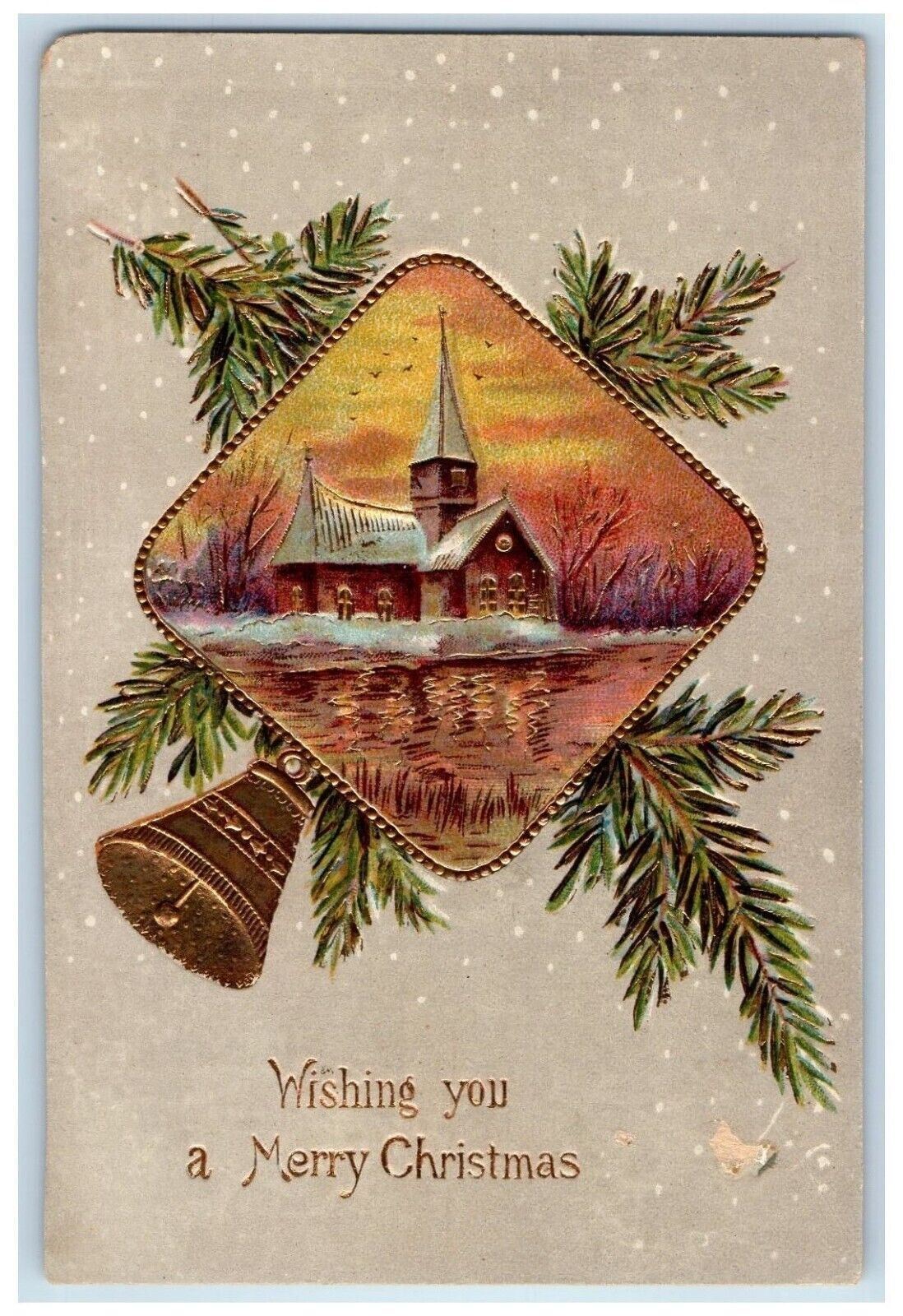 c1905 Christmas Pine Leaf Winter House Church Bell Embossed Antique Postcard
