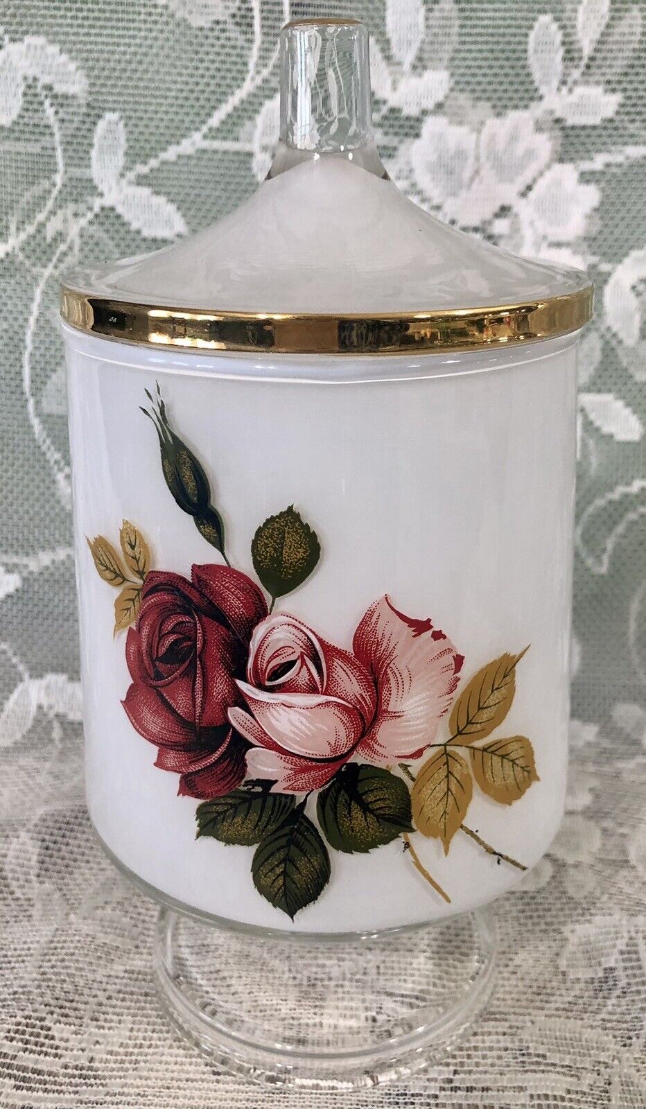Vintage Very Pretty 8” Apothecary Jar With Rose Motif Gold Trim B48