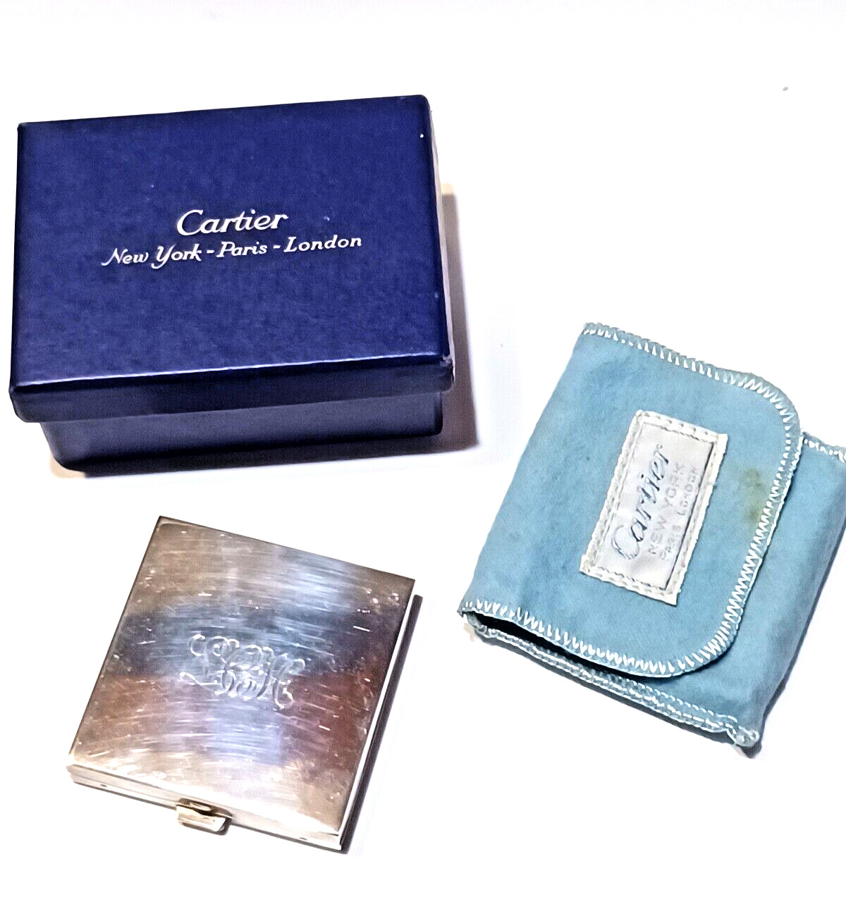 Vintage Cartier Sterling Silver Makeup Compact w/ Mirror, pouch & Box