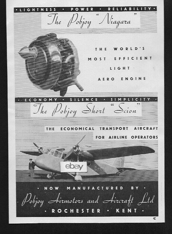 SHORT BROS LTD 1935 POBJOY SHORT SCION AIRLINER WITH NIAGARA ENGINES AD