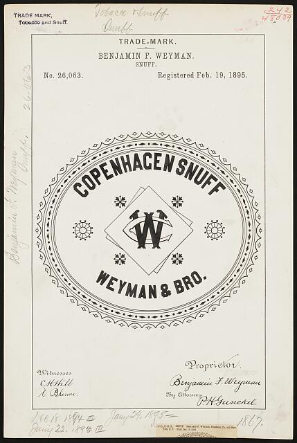 Trademark registration by Benjamin F. Weyman for Copenhagen brand Snuff