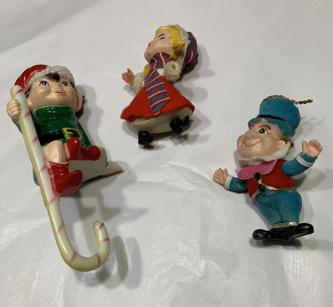 Vtg 60s Christmas Ornaments Stocking Hanger 2 Felted Plastic Figures As Is
