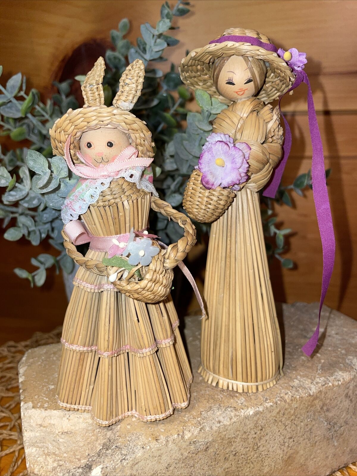 Vintage Pair Straw Dolls, Flower Girl and Bunny Farmhouse Cottage Core Decor
