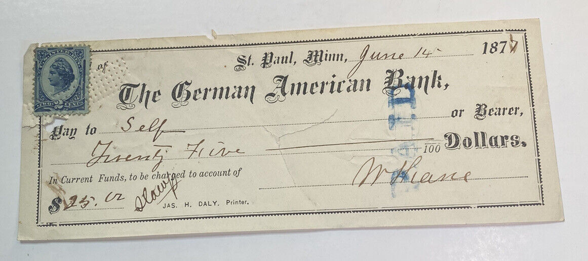 Antique 1877 Bank Draft, Check, The German American Bank of St Paul Minnesota MN