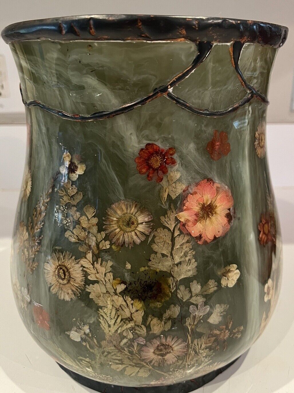 Large Dried Pressed Flower Green Vase From India Ink “Fresh Fields”. Spring
