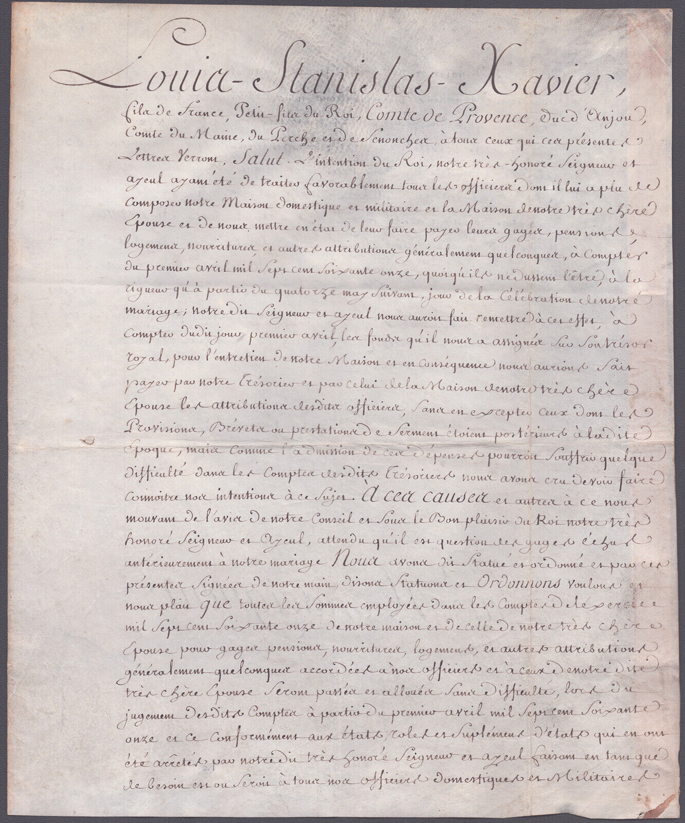 KING LOUIS XVIII (FRANCE) - MANUSCRIPT DOCUMENT SIGNED 12/18/1773