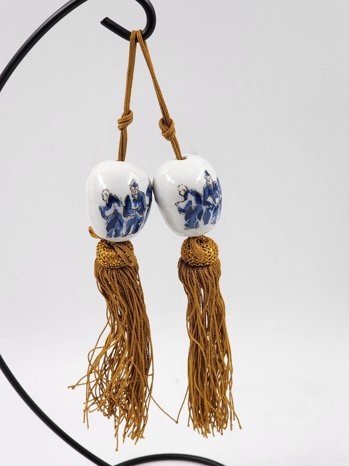 Vintage Japanese Hanging Scroll Weights Fuchin Porcelain, Gold Tassels