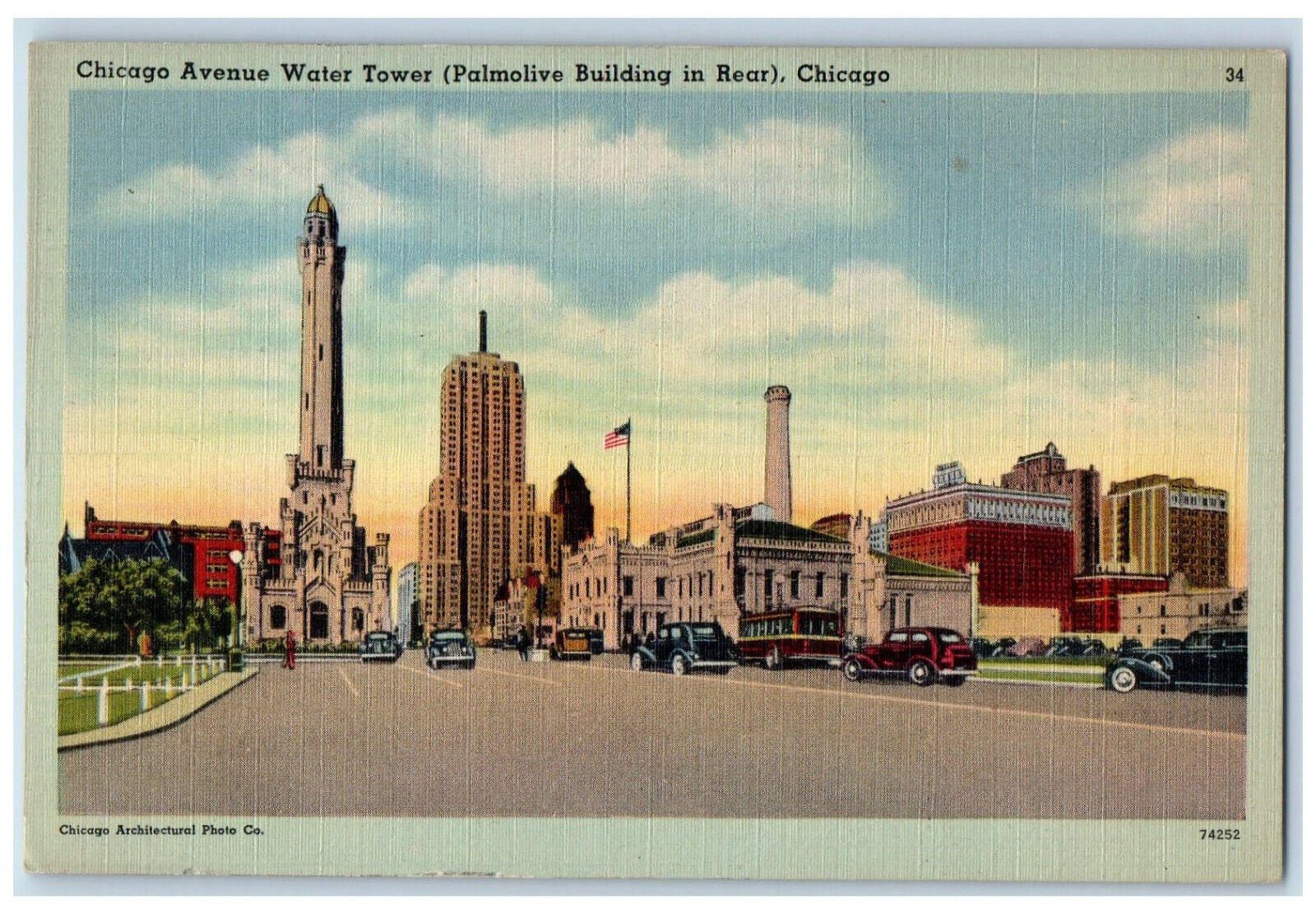 c1940\'s Chicago Ave Water Tower (Palmolive Building in Rear) Chicago IL Postcard