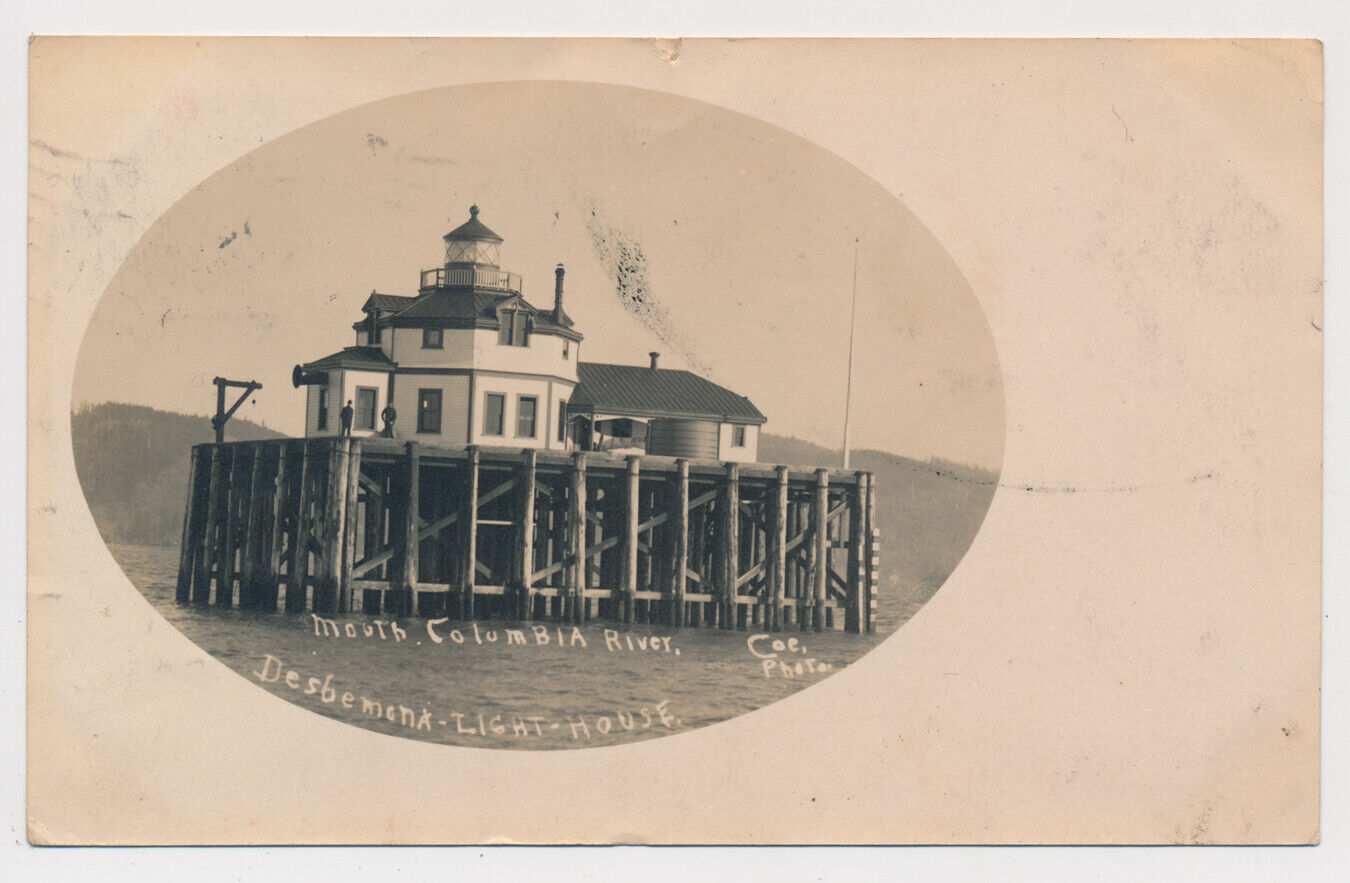 RPPC Desdemona Sands Lighthouse Mouth Columbia River Astoria OR Coe Real Photo