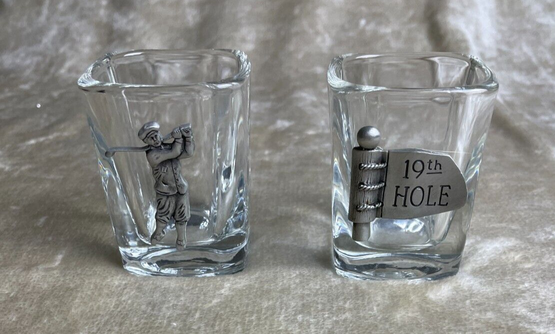 Set Of 2 Fort Pewter Golf Themed Shot Glasses - Golfer and 19th Hole