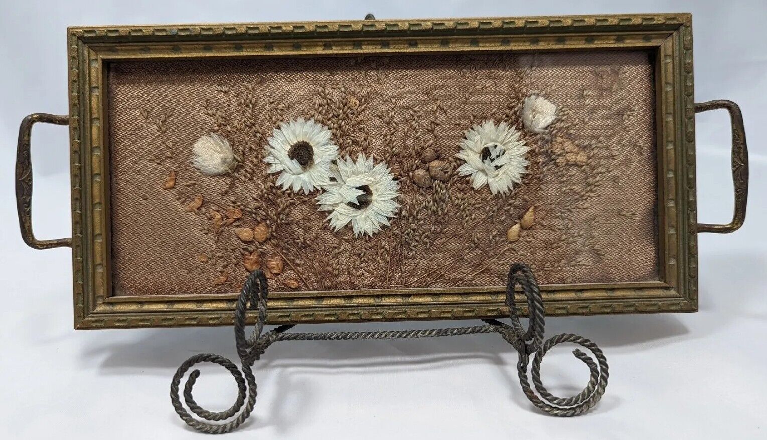 Antique Vanity Tray Pressed Flowers  Handled Art Deco Frame