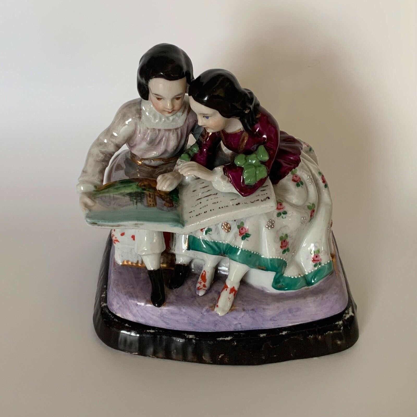 Antique French Boy and Girl Reding Porcelain Inkwell