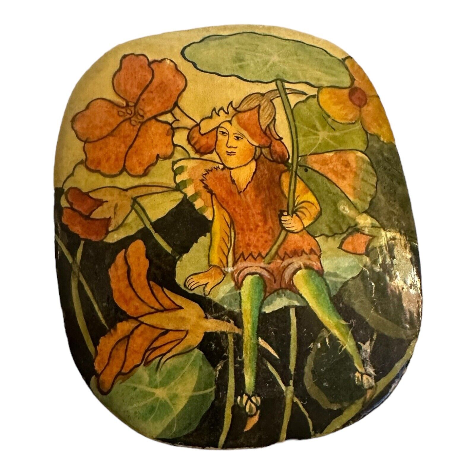 Vintage Wooden Hand Painted Trinket Box Fairy At The Water Lilies Whimiscal