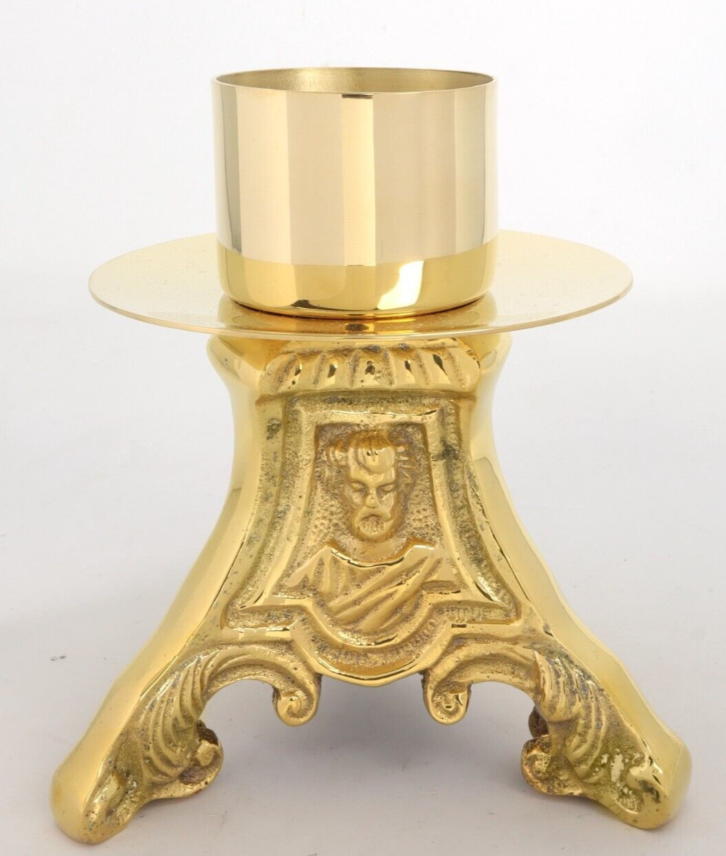 High Polished Brass Holy Family Embossed Socket Candleholder for Altars 3 5/8 In