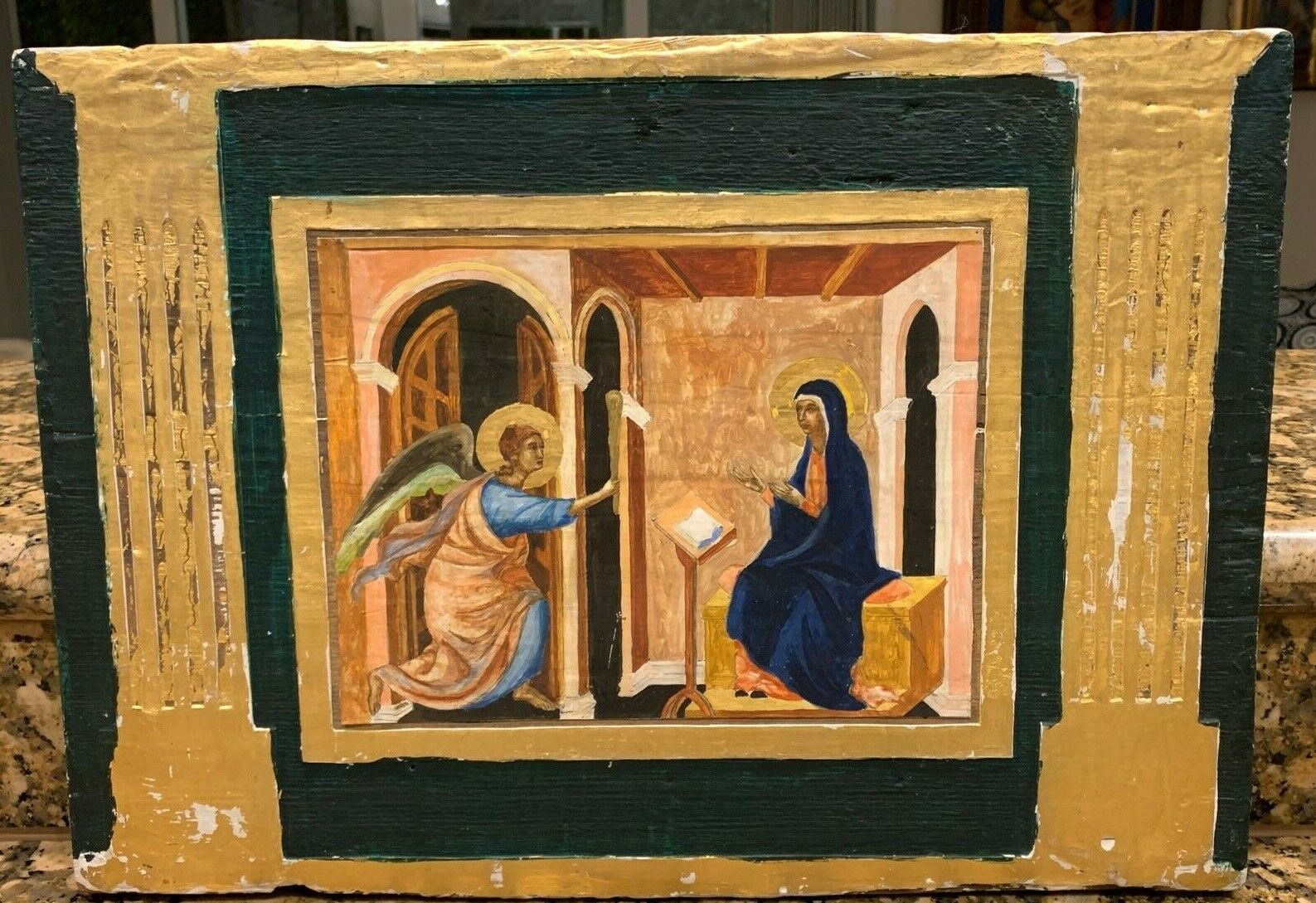 Monumental Antique Gesso and Wood Icon of Annunciation