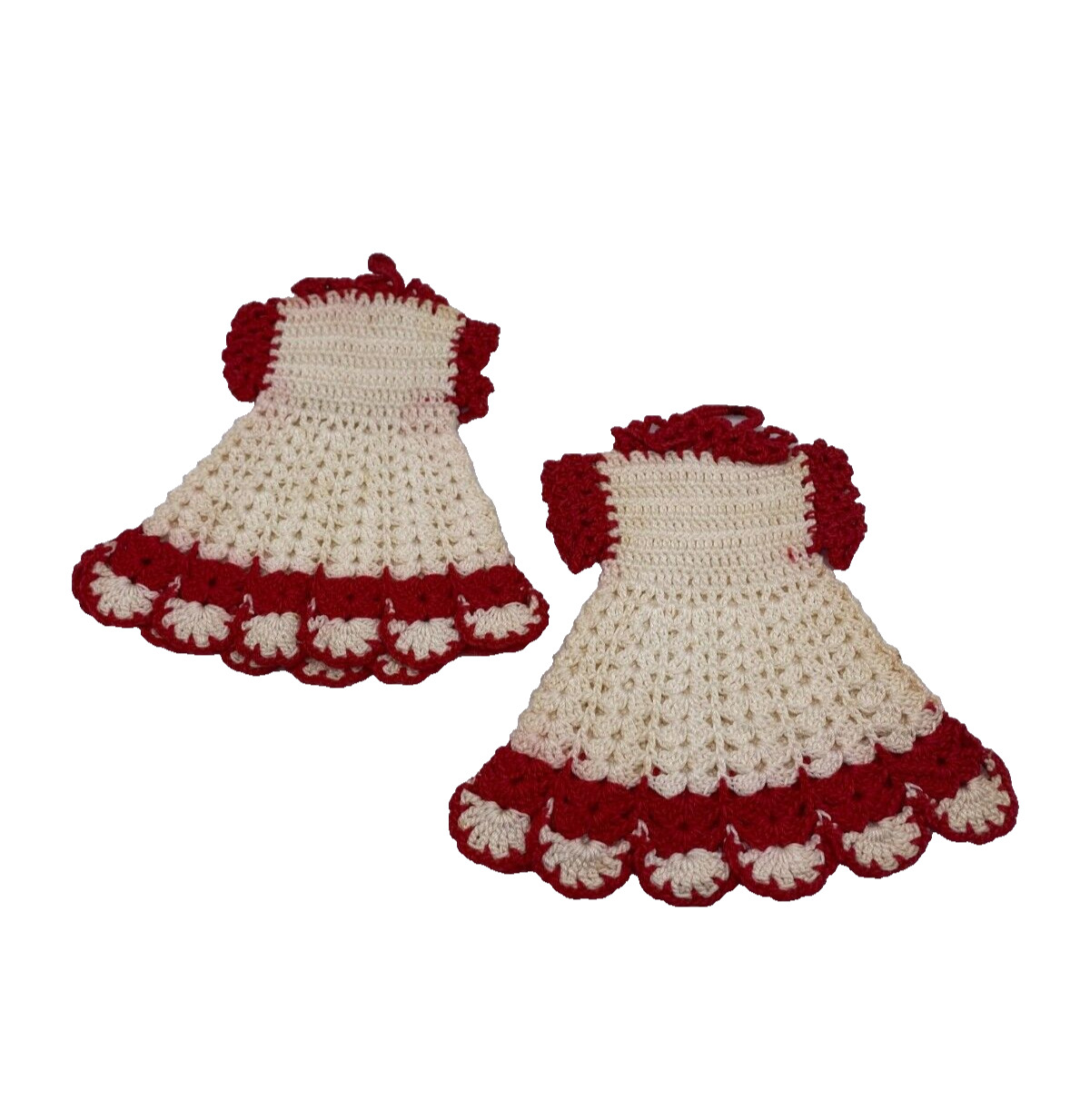 Vintage 2 Handmade Crochet Pot Holders Hot Pad Trivet Red White Doll Dress-A70
