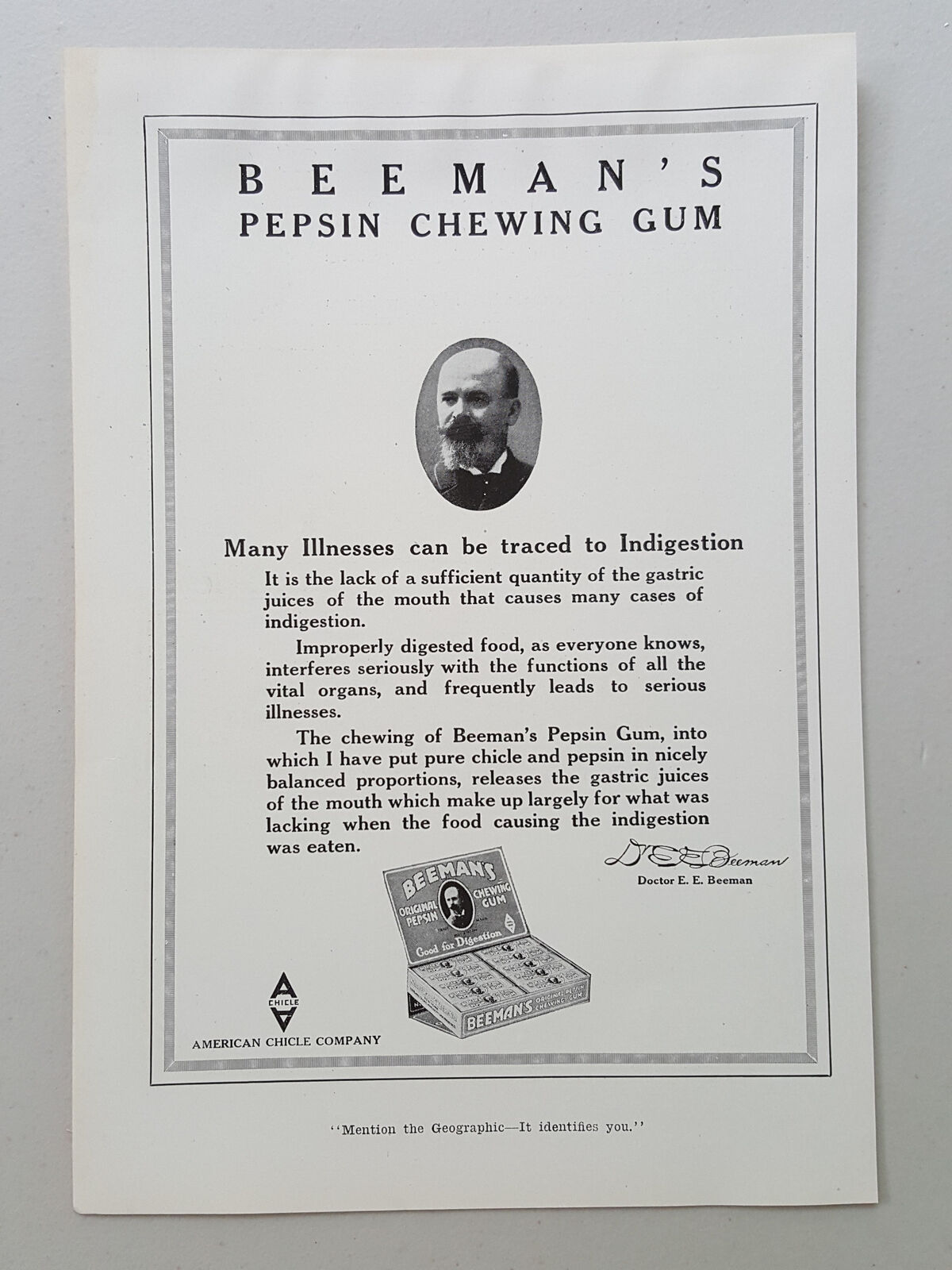 1917 Beeman\'s Pepsin Chewing Gum Aids Digestion Chicle Vintage Magazine Print Ad