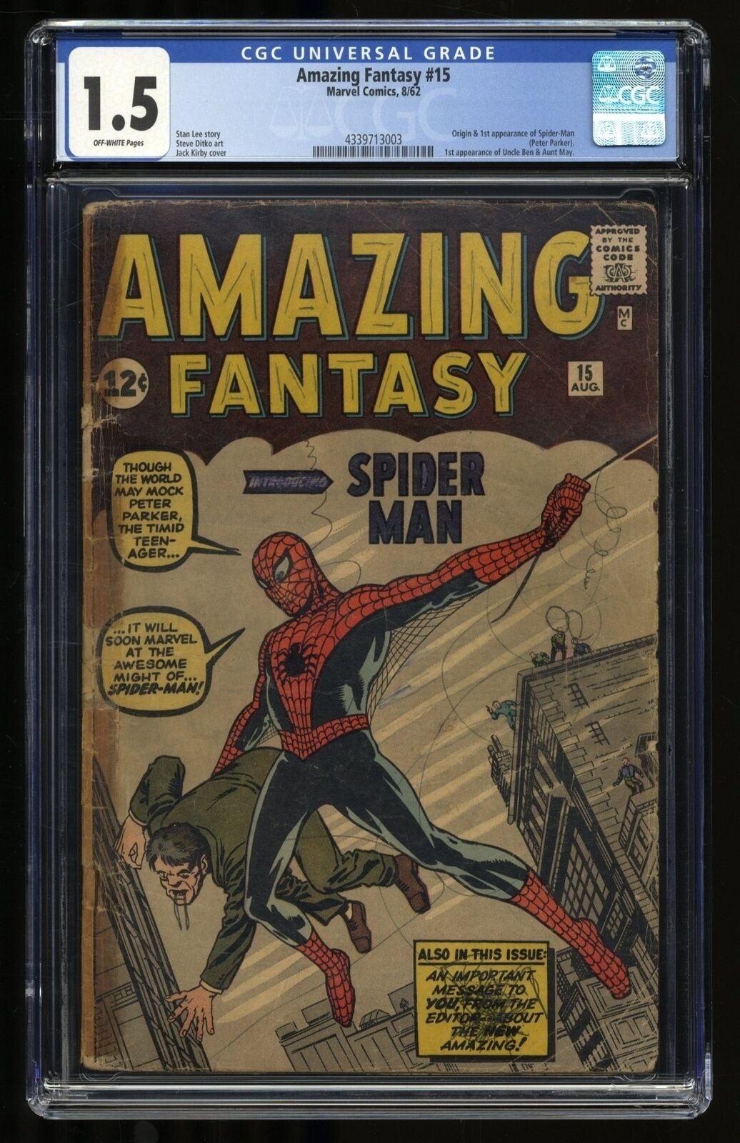 Amazing Fantasy #15 CGC FA/GD 1.5 1st Appearance Spider-Man Kirby Cover