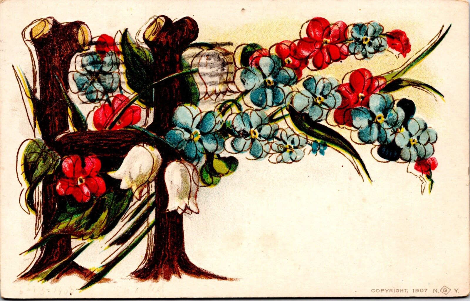 Postcard H In Wood - Flowers - Embossed - Postmarked Troy NY June 13 1908