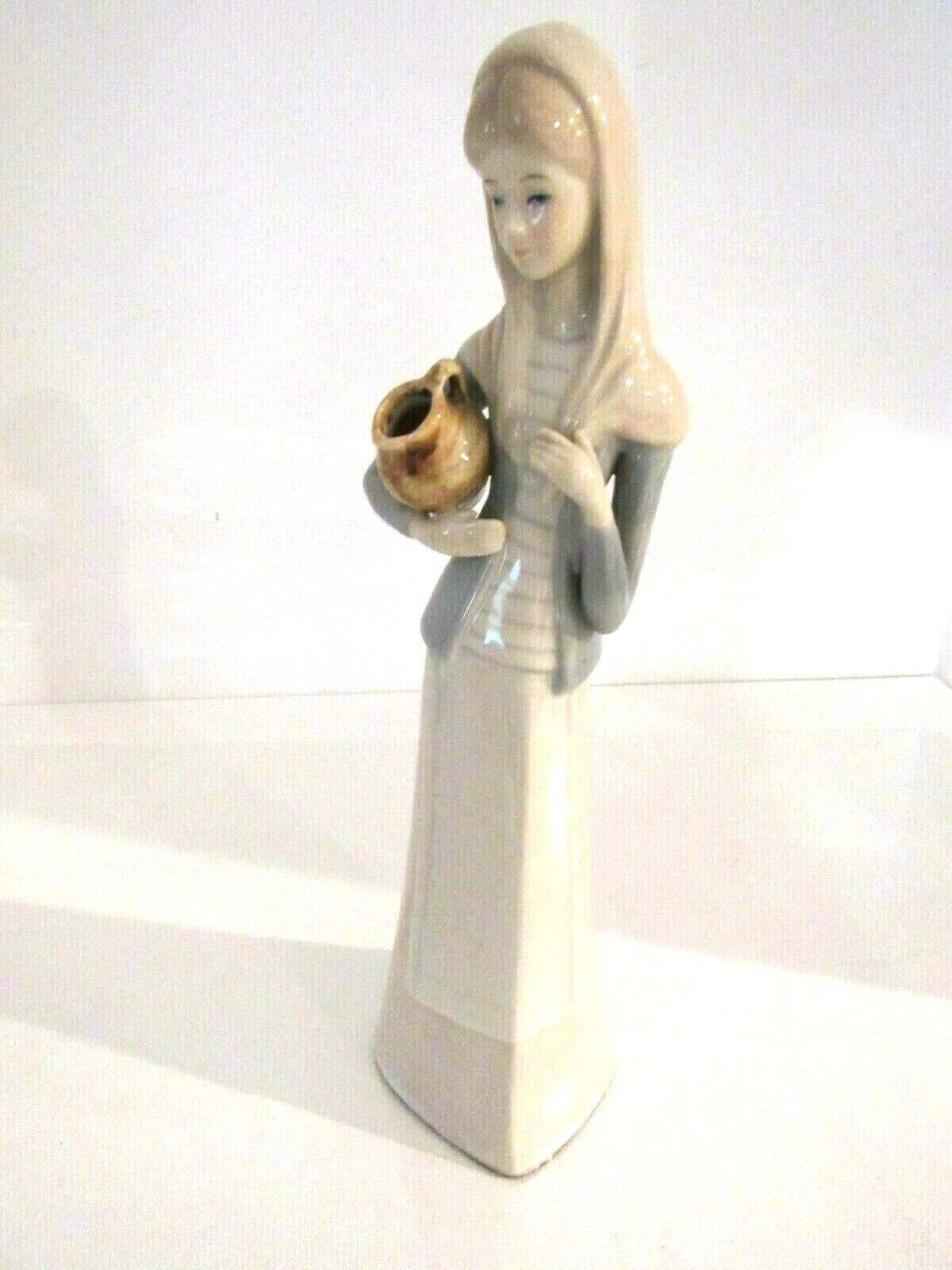 Vintage Porcelain Figurine Woman Holding Jar Gloss Finish 11” Tall