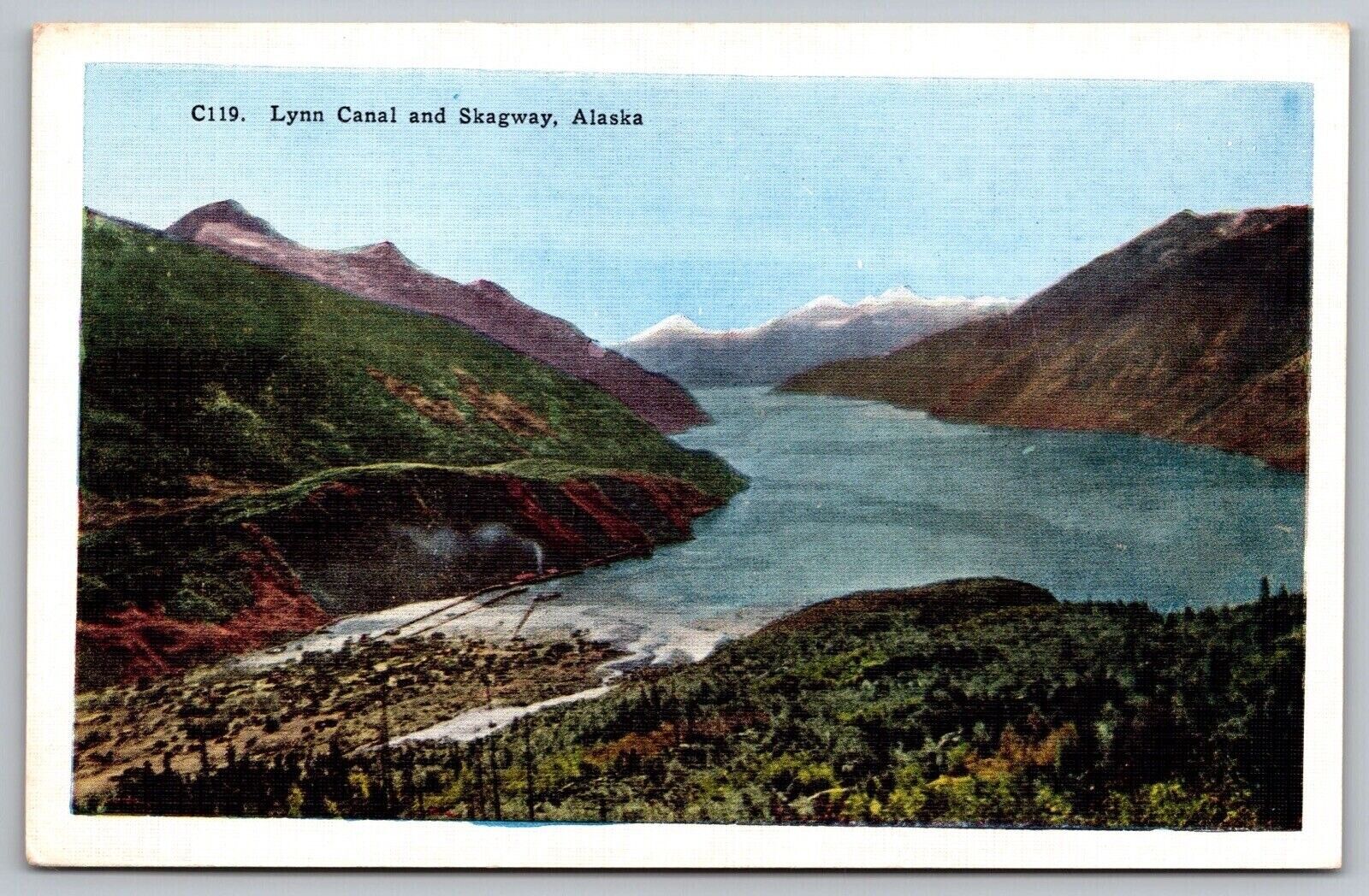 Lynn Canal Skagway Alaska Birds Eye View Snowcapped Mountain Waterfront Postcard
