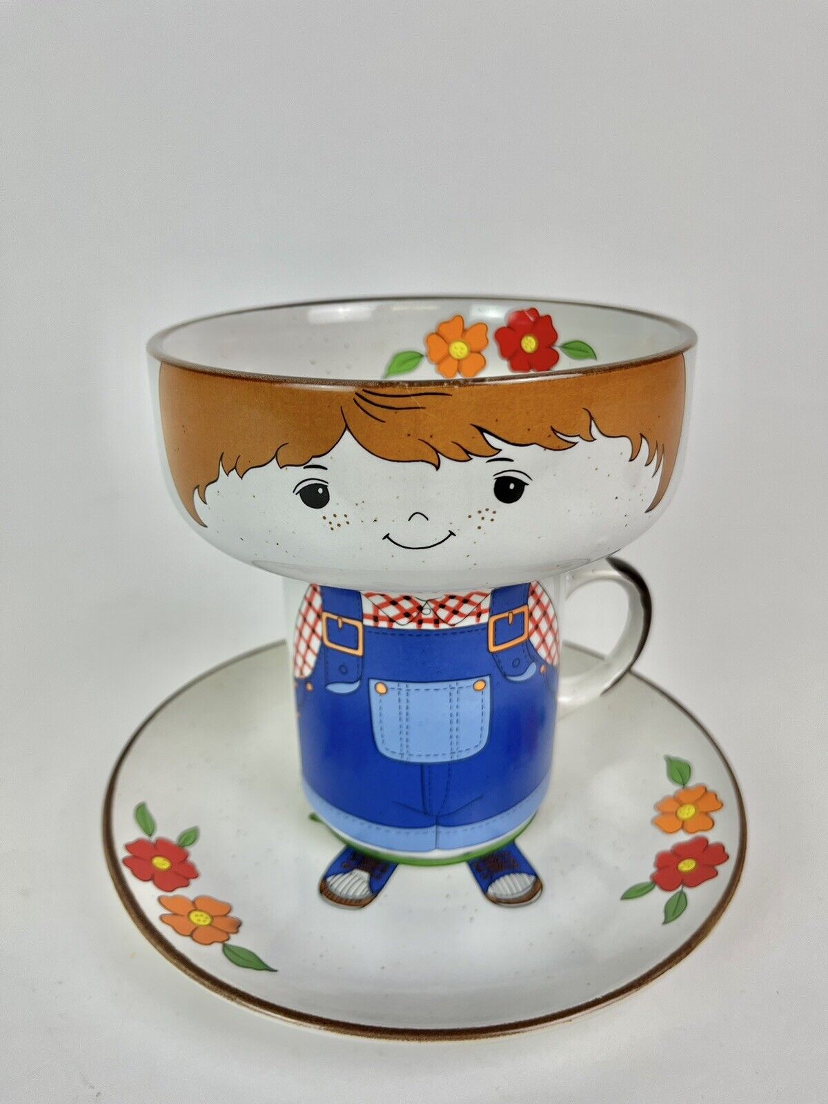 Vintage Interpur 3pc child boy Gardener ceramic mug bowl plate set collectible