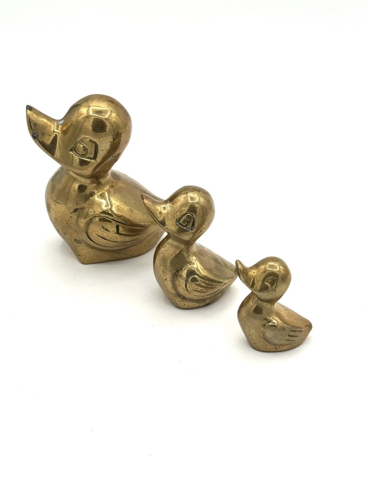 VTG Solid Brass Duck Family Figurine Set of 3 Mama/Ducklings 3” MCM Home Decor