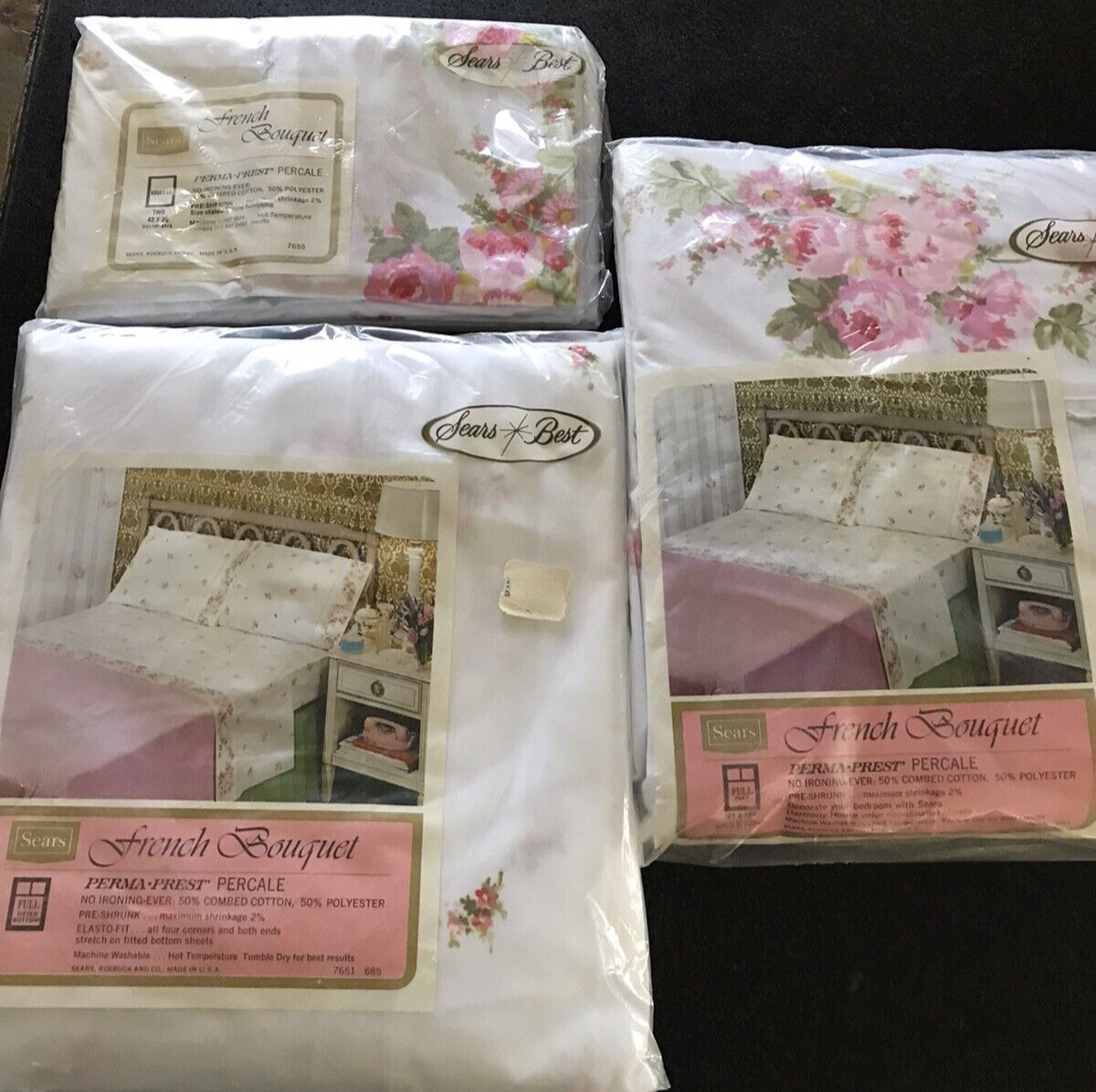 Vtg Sears French Bouquet Full Sz Pink Floral Sheet Set NEW in PKG 4 Pc. Set NIP