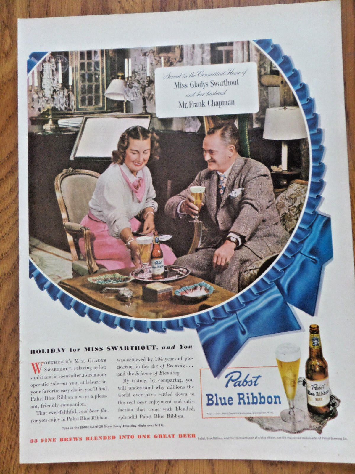 1948 Pabst Blue Ribbon Beer Ad Swarthout & Chapman @ Connecticut Home