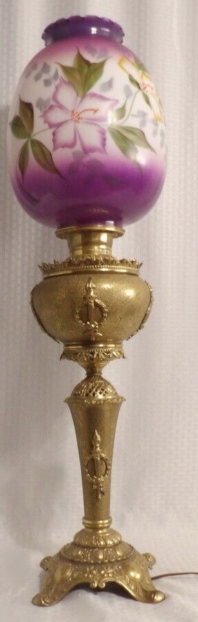 B&H PARLOR GOLD AND PURPLE HAND PAINTED SHADE TABLE LAMP MARCH 19, 1895