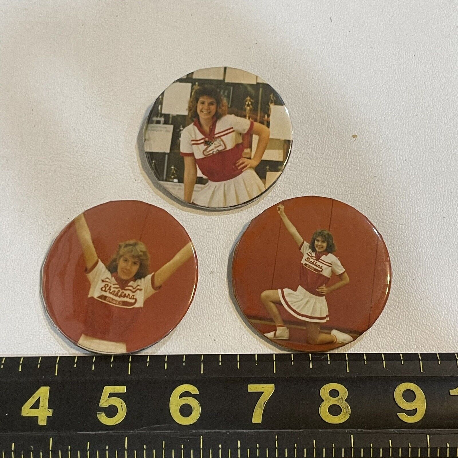 VINTAGE c 1980s? Lot Of 3 CHEERLEADER Pinback Buttons (Red & White Uniform) T040