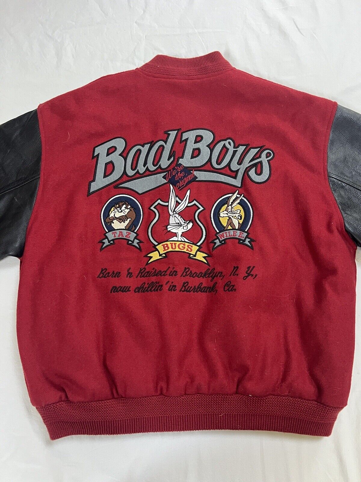 Vintage Looney Tunes Bomber Jacket Leather Wool Bad Boys 90s Bugs Bunny Taz Lg