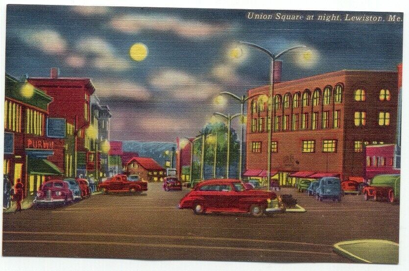 Lewiston ME Union Square at Night Linen Postcard Maine