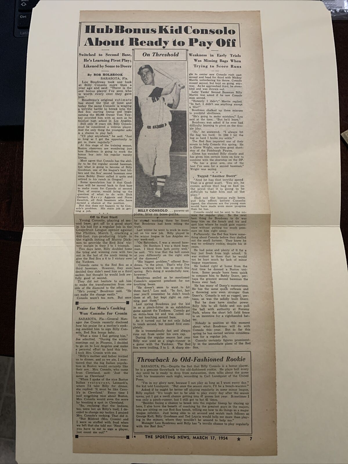 Billy Consolo Boston Red Sox Joe Cronin 1954 Sporting News Baseball 7X16 Panel