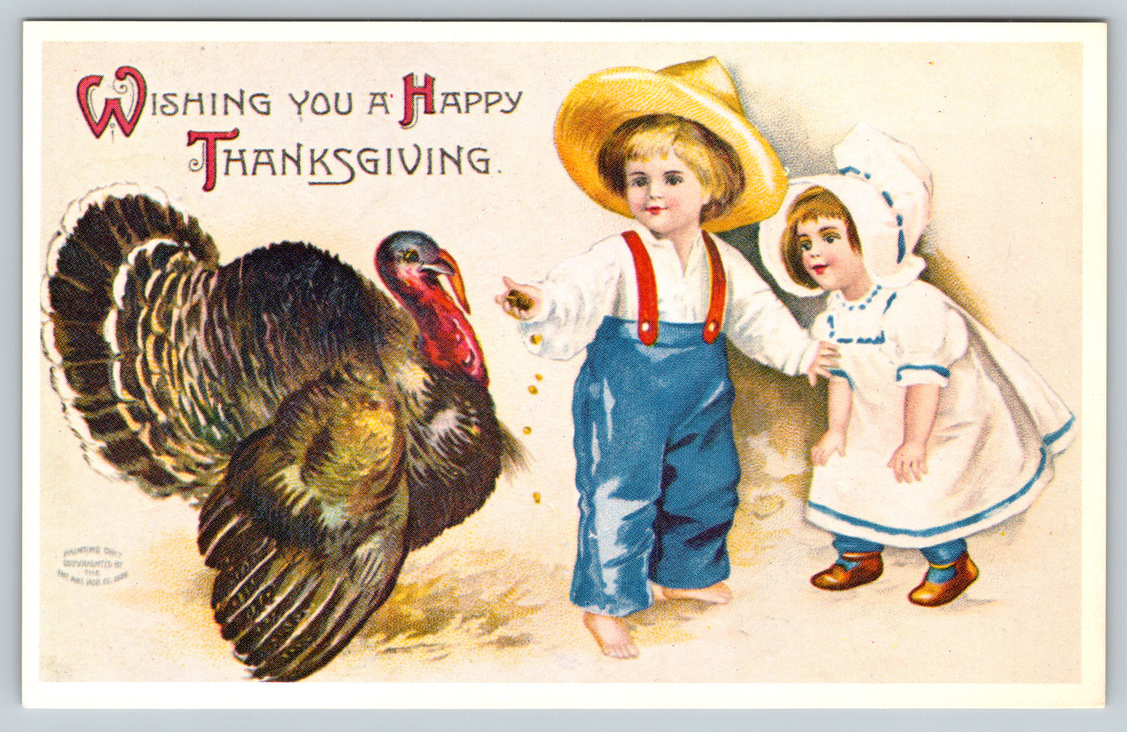 c1910s Thanksgiving Turkey Boy Girl Antique Postcard