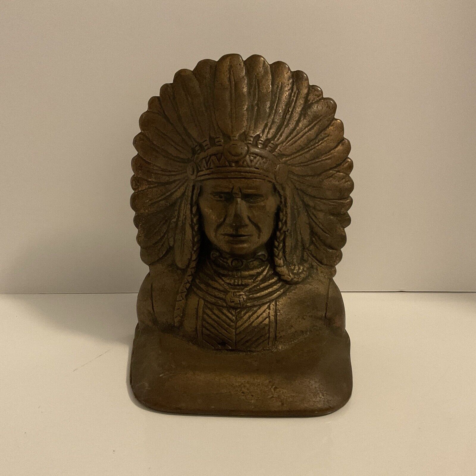 Vintage Antique Bronze NATIVE AMERICAN INDIAN CHIEF Statue Sculpture Book End