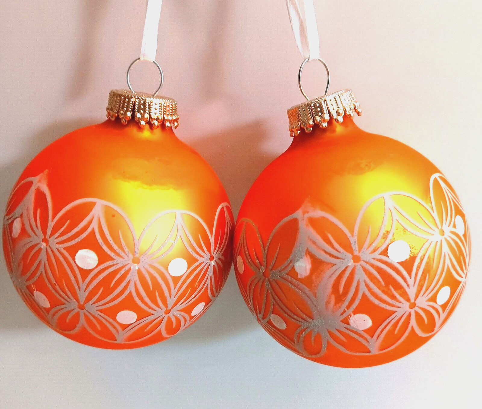 2 Vintage Orange Ball Christmas Tree Ornaments Mercury Glass Silvered interior**