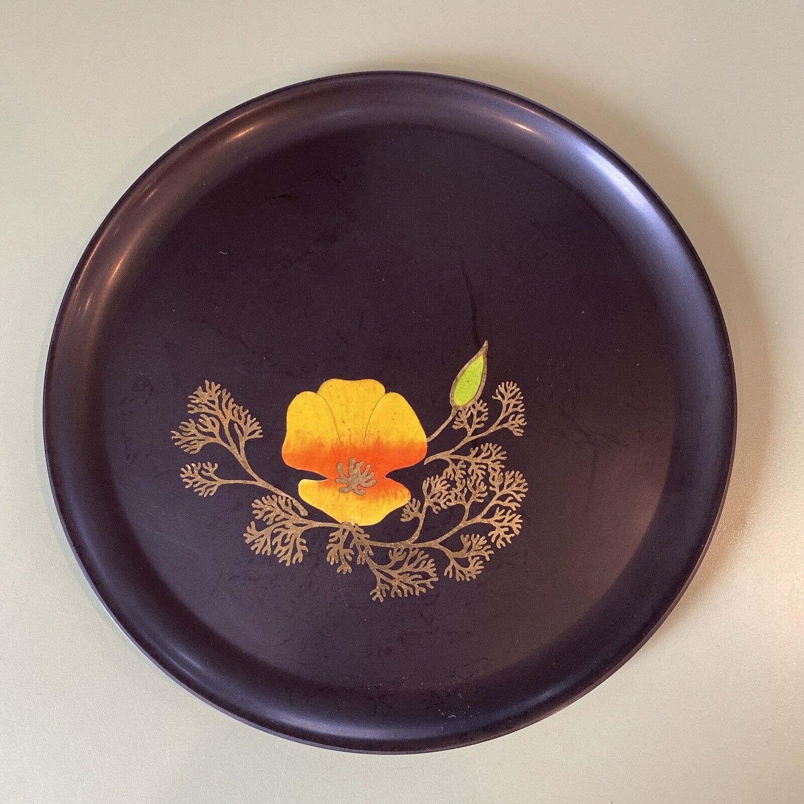 Couroc Vintage MCM Inlaid Yellow Poppy Plate Flower Barware Tray Bar Art Decor