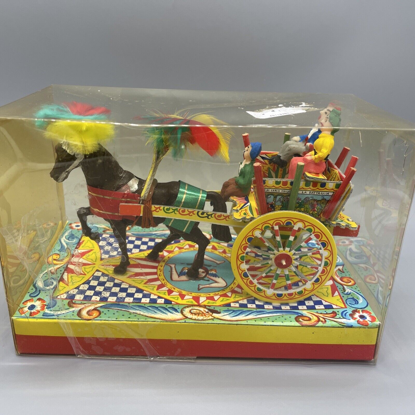 Vintage Italian Folk Art Souvenir Sicilian Wood Cart w Horse & People 6”x4”
