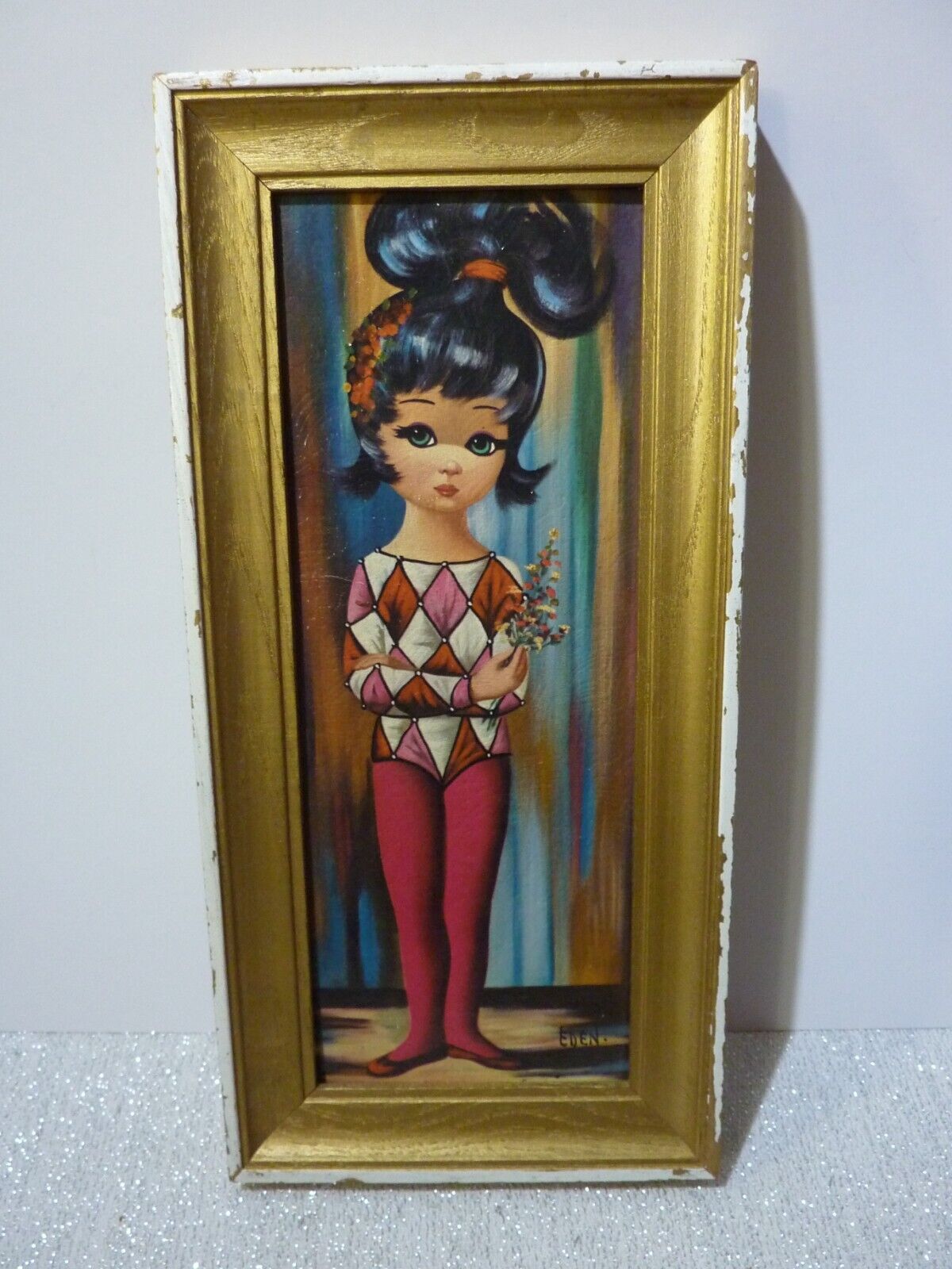 Vintage Small MCM 1960s Mod Eden Big Eyes Girl Harlequin Painting 11.5 x 5.5\