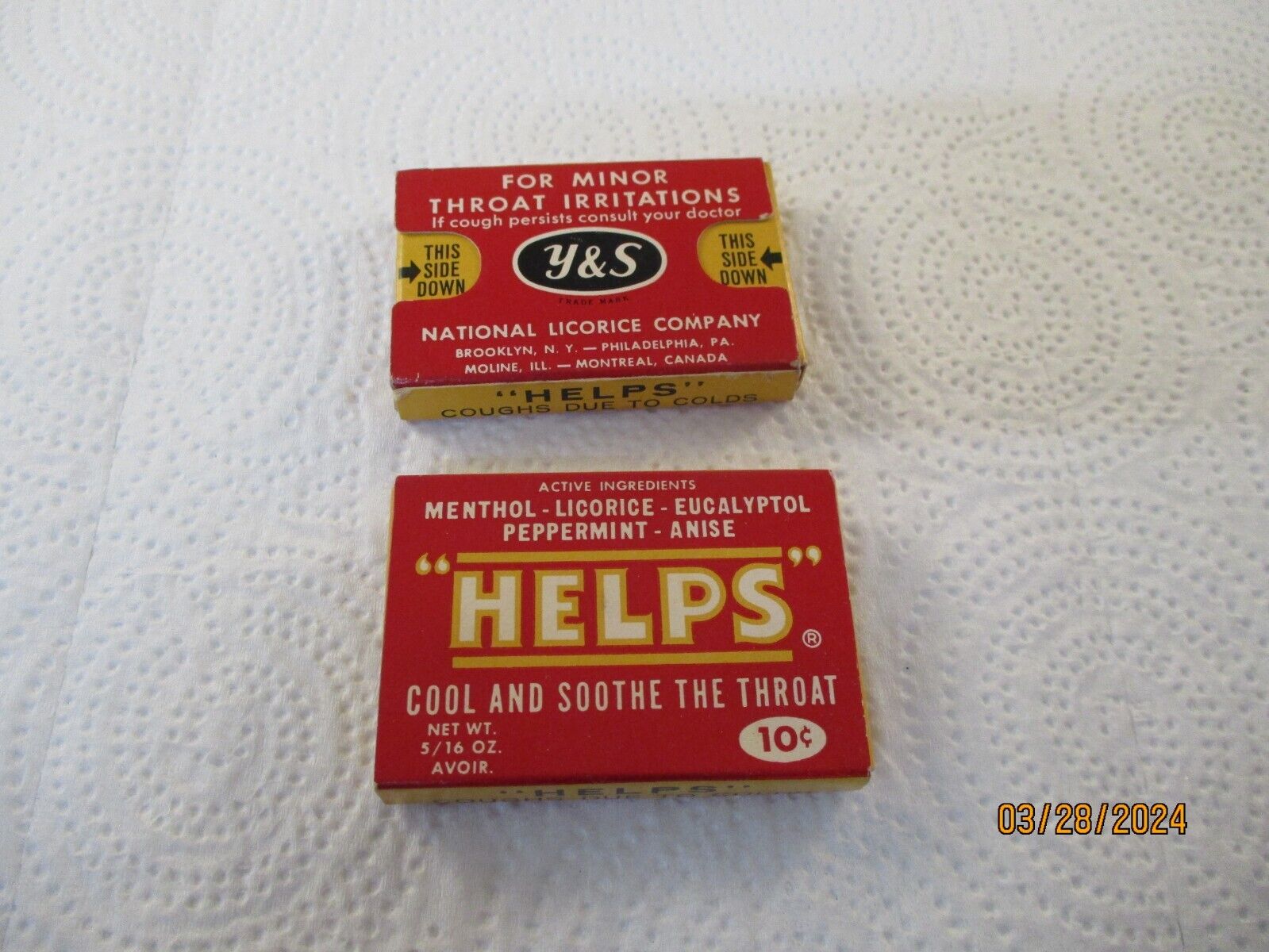 Vintage National Licorice Co. HELPS Cough Drops Y & S Lot of 2 Boxes SEE COND.