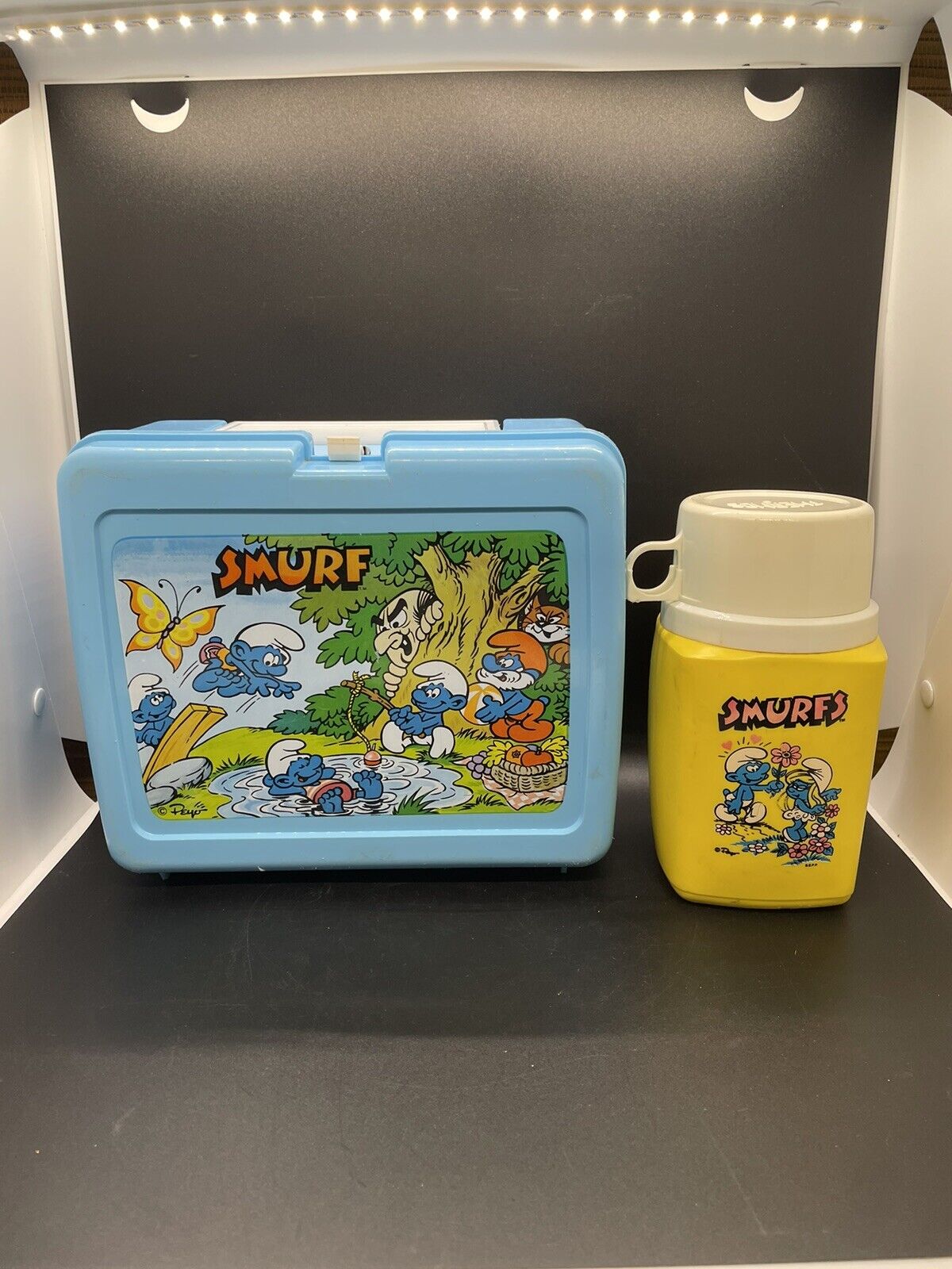 Vintage Smurfs Blue Lunch Box w/ Yellow Thermos by THERMOS 1985 Plastic