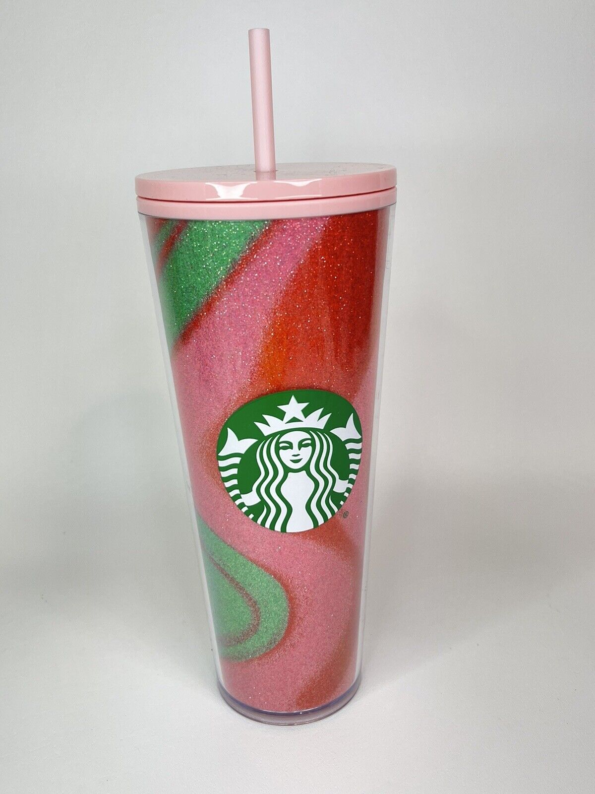 Starbucks Christmas Pink Red Green Glitter Wavy Swirl Cold Cup Tumbler 24 oz