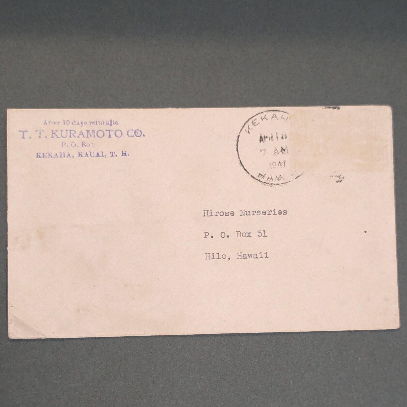 Kuramoto Store Kauai To Hilo Hawaii 1940s Mailed Envelope 