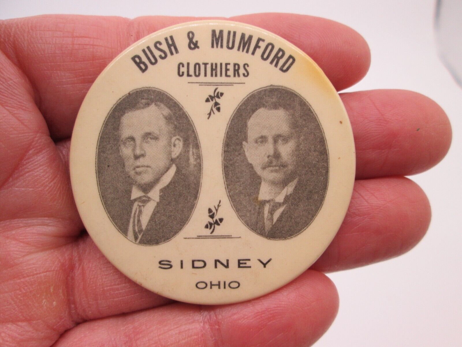 Antique, Advertising Pocket Mirror, Bush & Mumford Clothiers, Sidney, Ohio