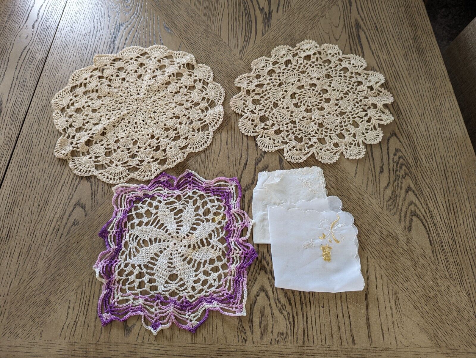 Beautiful Antique Lot of Handmade Crochet Doilies & Embroidered Kerchiefs
