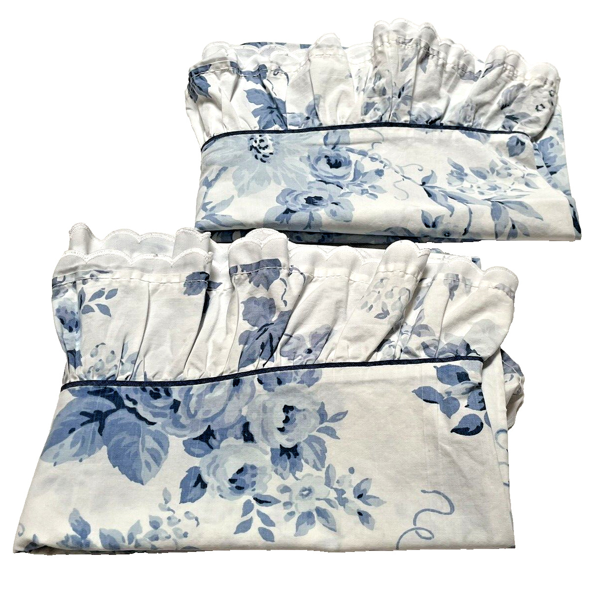 Set Vintage Ruffle Pillowcases Cannon White Blue Roses Country Shabby Queen Size