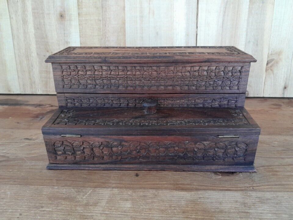 antique decorative Carved wooden hidden ink wells and wax ornate box w/ hinges 