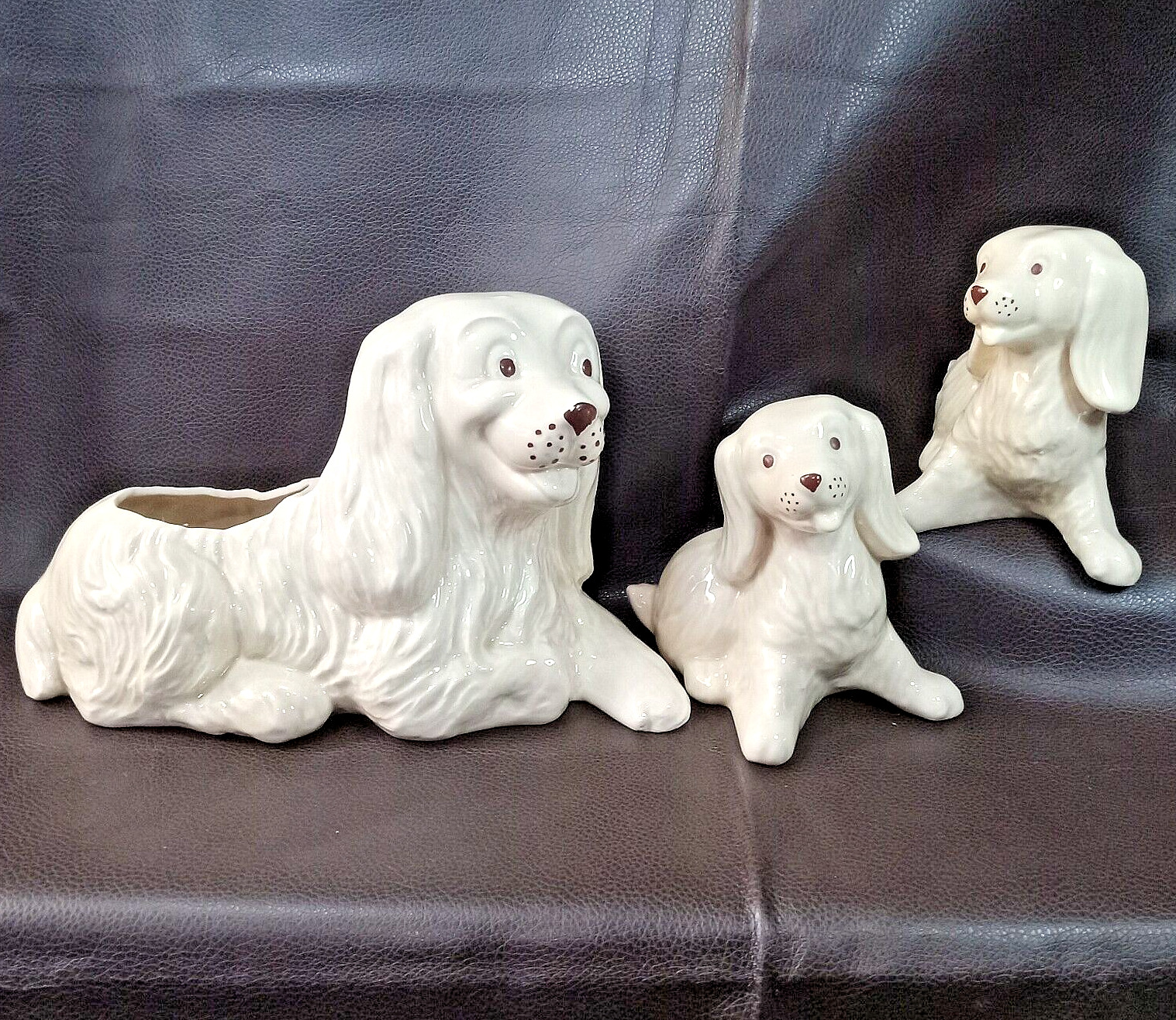 3 Dog Puppy Ceramic Mid Century Glazed Planter Lot Rare